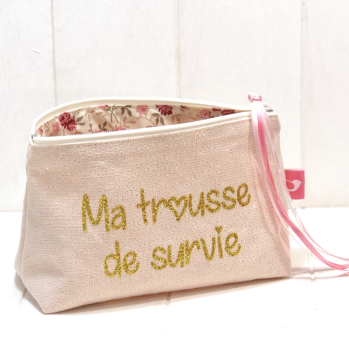Petite trousse à paillettes pour diabétiques, tissu rose fil lurex or, Ma trousse de survie, My Lovely Bird