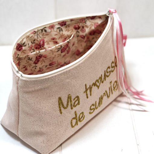 Petite trousse à paillettes pour diabétiques, tissu rose fil lurex or, Ma trousse de survie, My Lovely Bird – Image 2