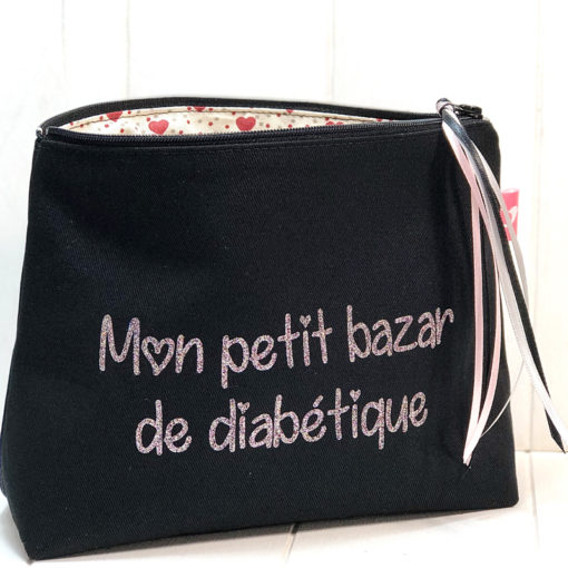 Grande trousse à paillettes pour diabétiques, noire Mon petit bazar de diabétique argent rosé, My Lovely Bird