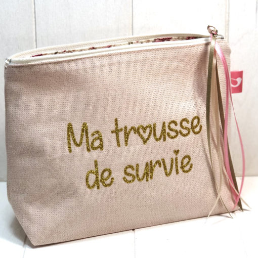 Grande trousse à paillettes pour diabétiques, tissu rose fil lurex or, Ma trousse de survie, My Lovely Bird