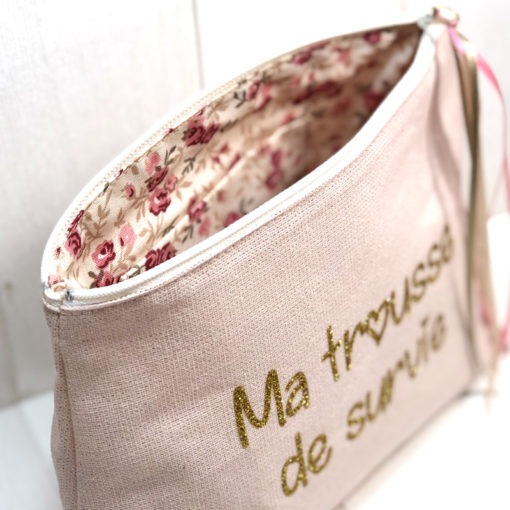 Grande trousse à paillettes pour diabétiques, tissu rose fil lurex or, Ma trousse de survie, My Lovely Bird – Image 4
