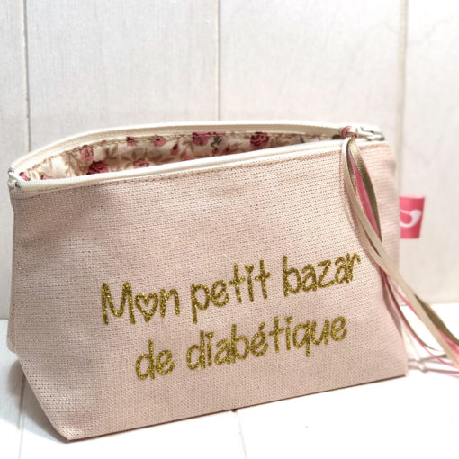 Petite trousse à paillettes pour diabétiques, tissu rose fil lurex or, Mon petit bazar de diabétique, My Lovely Bird