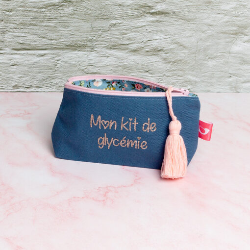 Mini trousse My Lovely Bird bleu liberty Mon kit de glycémie pompon