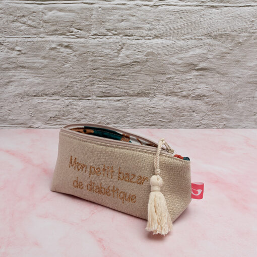 Mini trousse isotherme pour stylos à insuline My Lovely Bird lin paillettes Mon petit bazar de diabétique pompon