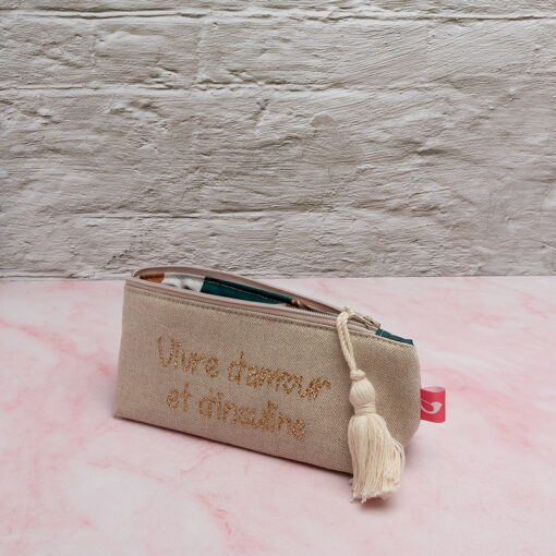 Mini trousse isotherme pour stylos à insuline My Lovely Bird lin paillettes Vivre d'amour et d'insuline pompon