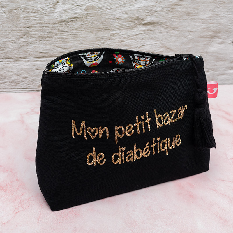 Grande trousse My Lovely Bird noire Mon petit bazar de diabétique doublure  enduite Ginko Biloba