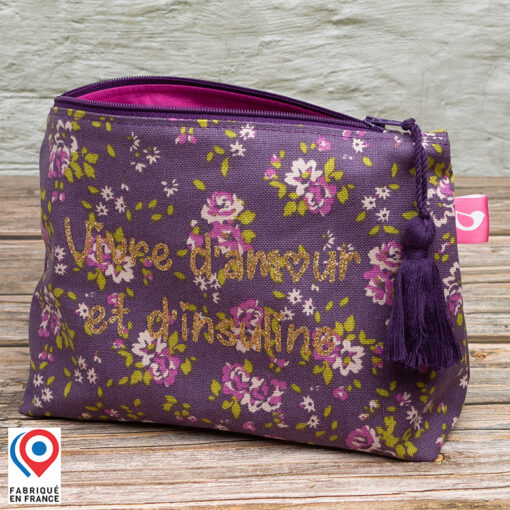 Grande trousse My Lovely Bird Fleurs lilas Vivre d'amour et d'insuline pompon