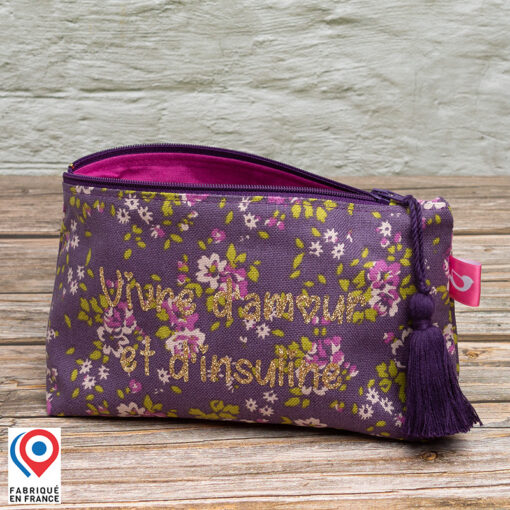 Petite trousse My Lovely Bird Fleurs lilas Vivre d'amour et d'insuline pompon