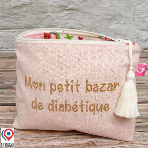 Grande trousse My Lovely Bird rose paillettes Mon petit bazar de diabétique doublure toile enduite licornes et coeurs
