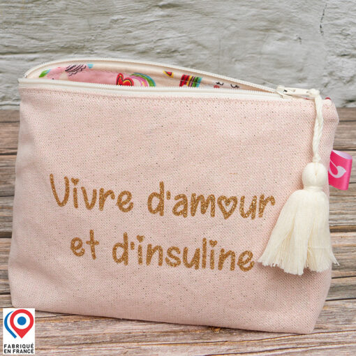 Grande trousse My Lovely Bird rose paillettes Vivre d'amour et d'insuline doublure toile enduite licornes et coeurs