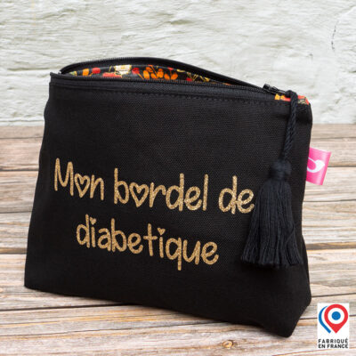 Grande trousse My Lovely Bird noire Mon bordel de diabétique doublure toile enduite fleurs oranges