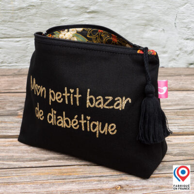 Grande trousse My Lovely Bird noire Mon petit bazar de diabétique doublure toile enduite fleurs oranges