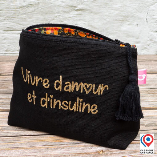 Grande trousse My Lovely Bird noire Vivre d'amour et d'insuline doublure toile enduite fleurs oranges