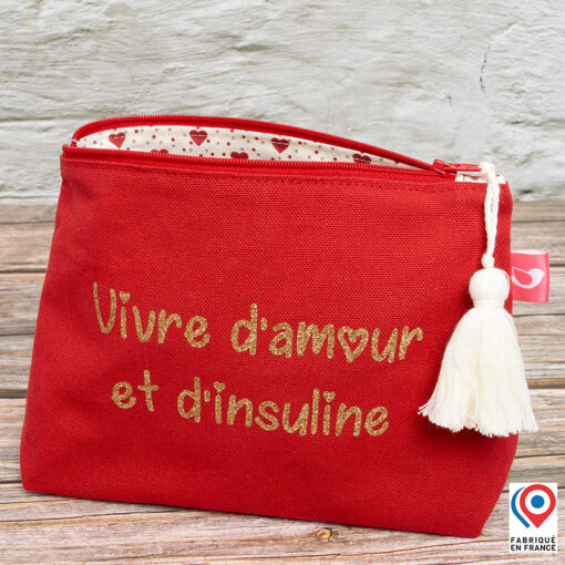 Grande trousse My Lovely Bird rouge Vivre d'amour et d'insuline doublure toile enduite coeurs