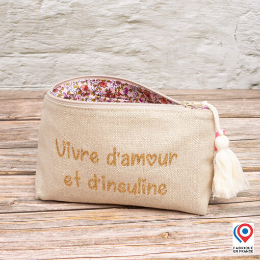 Petite trousse My Lovely Bird lin paillettes Vivre d'amour et d'insuline doublure toile enduite fleurs liberty