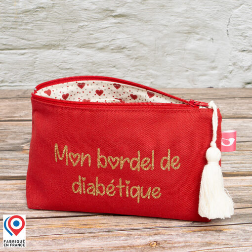 Petite trousse My Lovely Bird rouge Mon bordel de diabétique doublure toile enduite coeurs