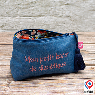 Petite trousse My Lovely Bird jean Mon petit bazar de diabétique doublure toile enduite fleurs oranges