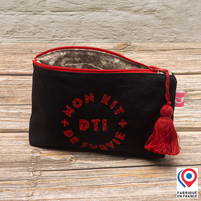 Petite trousse My Lovely Bird noire Mon kit de survie doublure toile enduite coeurs